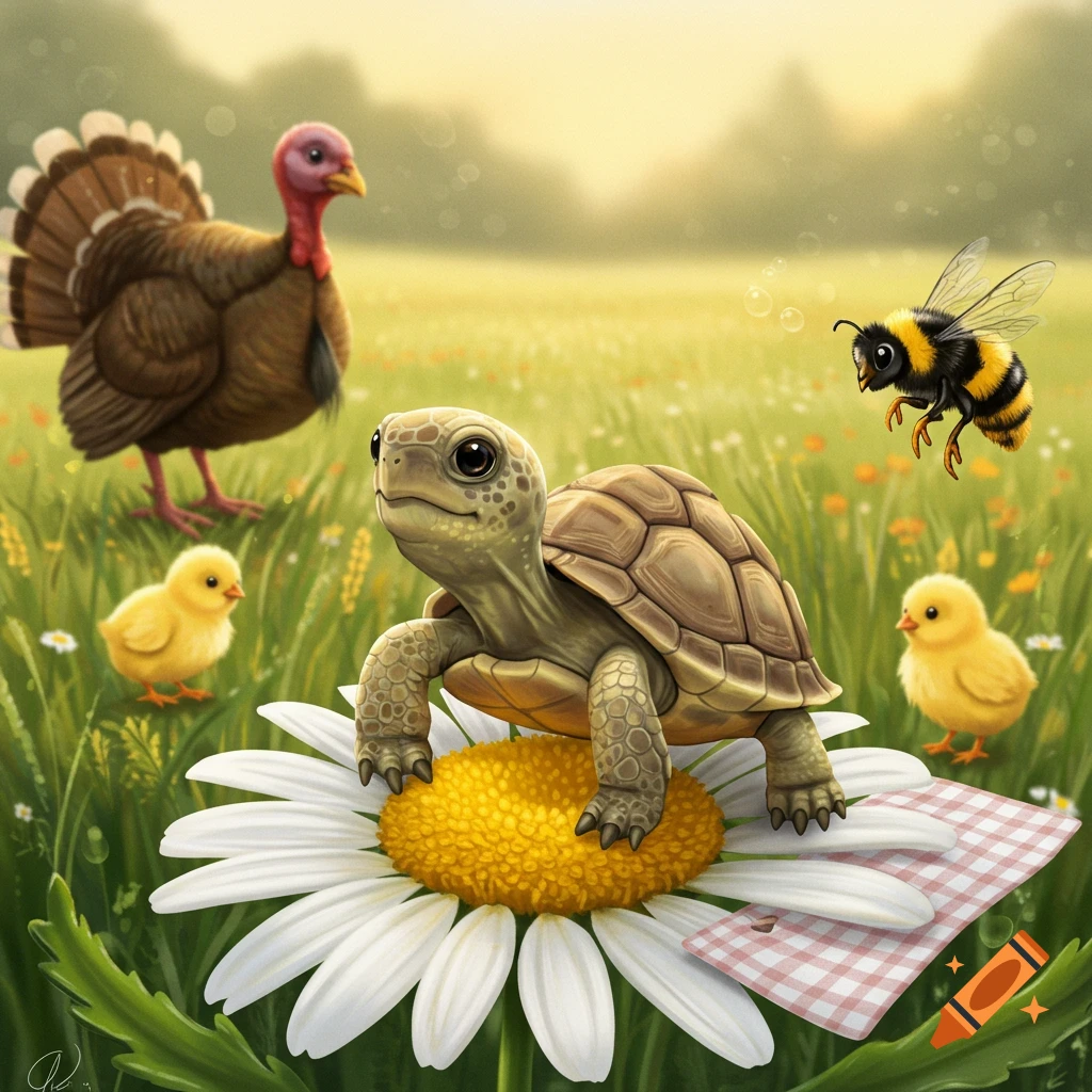 An illustration of a baby turtle resting on a white daisy, with a turkey, two chicks, and a bee in a sunny meadow.