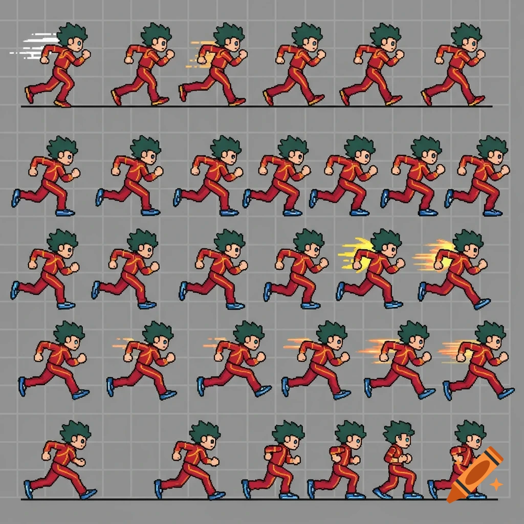 Pixel art sprite sheet featuring multiple frames of a running male character in a red and gold tracksuit, with some frames showing motion blur.