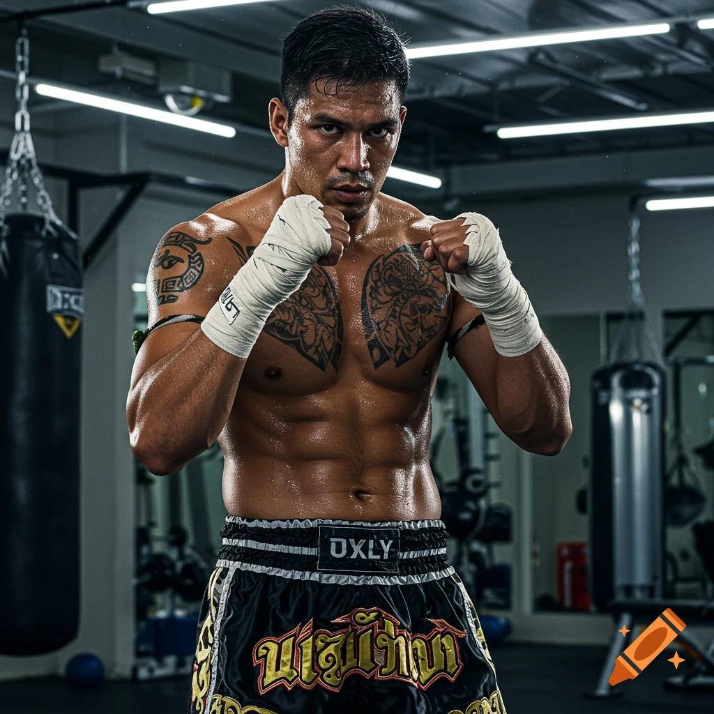 A sweaty, muscular Muay Thai fighter with tattoos and wrapped hands poses intensely in a gym.