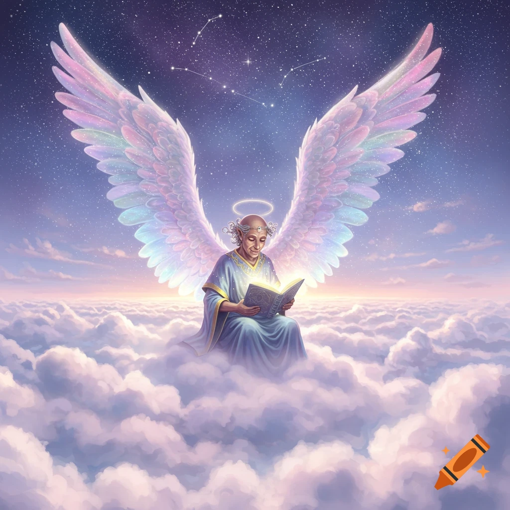 A serene angelic figure with iridescent wings reads a glowing book, seated on clouds under a starry cosmic sky.