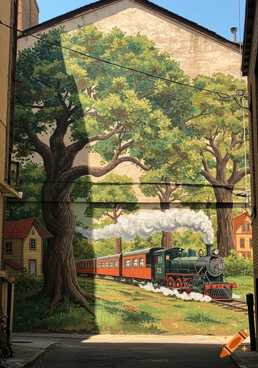 A vibrant mural on a building wall depicts a steam train pulling orange carriages through a lush green forest with houses.