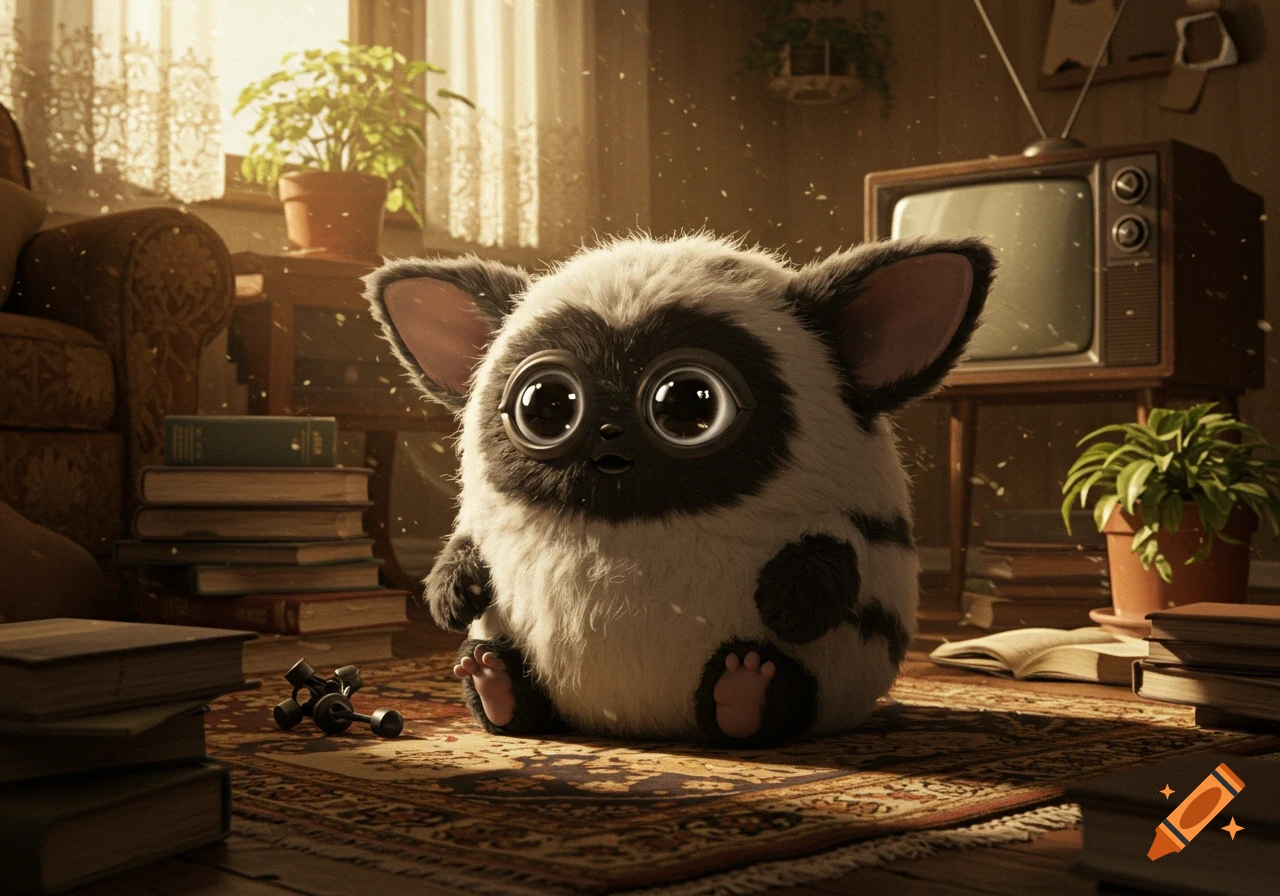 A cute, fluffy, black and white creature with big, round eyes sits on a patterned rug in a sunlit, cozy room with books and an old TV.