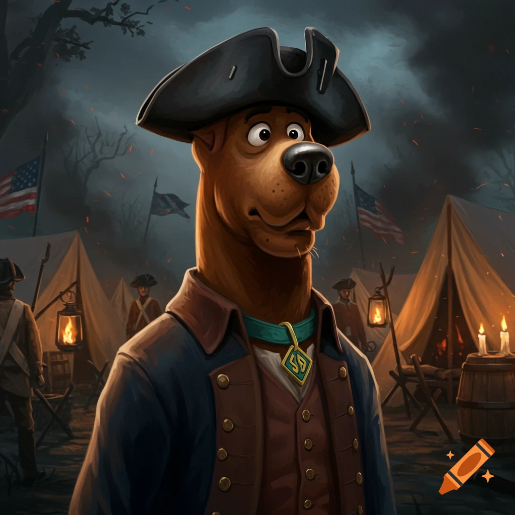 Scooby Doo as a Revolutionary War soldier in a camp at dusk, with tents, lanterns, and American flags in the background.