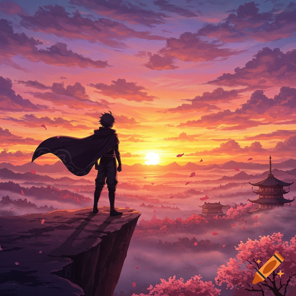 An anime character in a dark cloak stands on a cliff overlooking a vibrant sunset over a misty valley with pagodas and cherry blossoms.