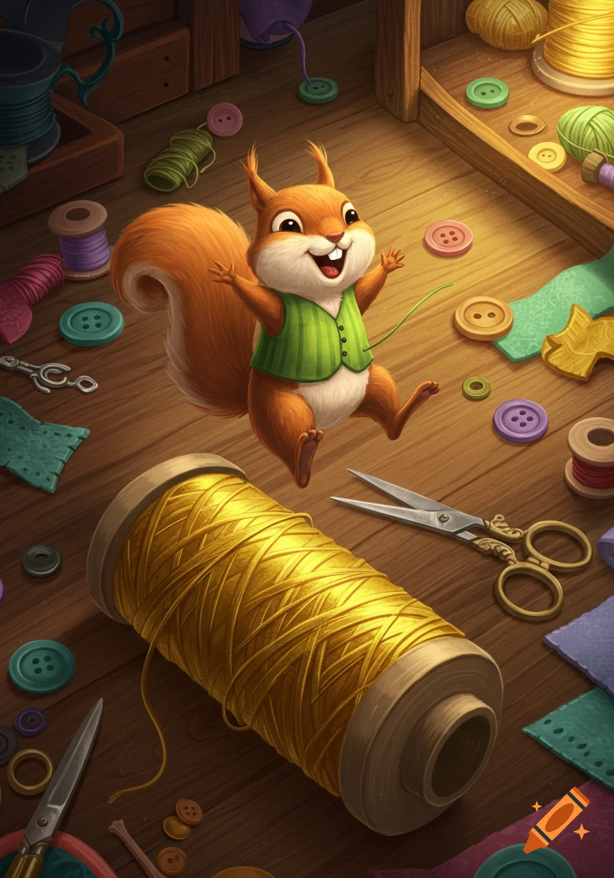 A happy cartoon squirrel in a green vest jumps above a large gold thread spool on a wooden surface with various sewing supplies.
