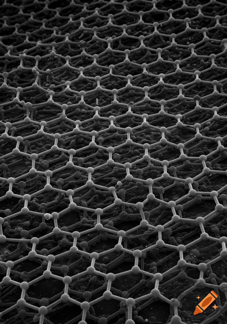 Close-up of a graphene nano platelet lattice viewed under a Transmission Electron Microscope, showing hexagonal patterns of atoms.