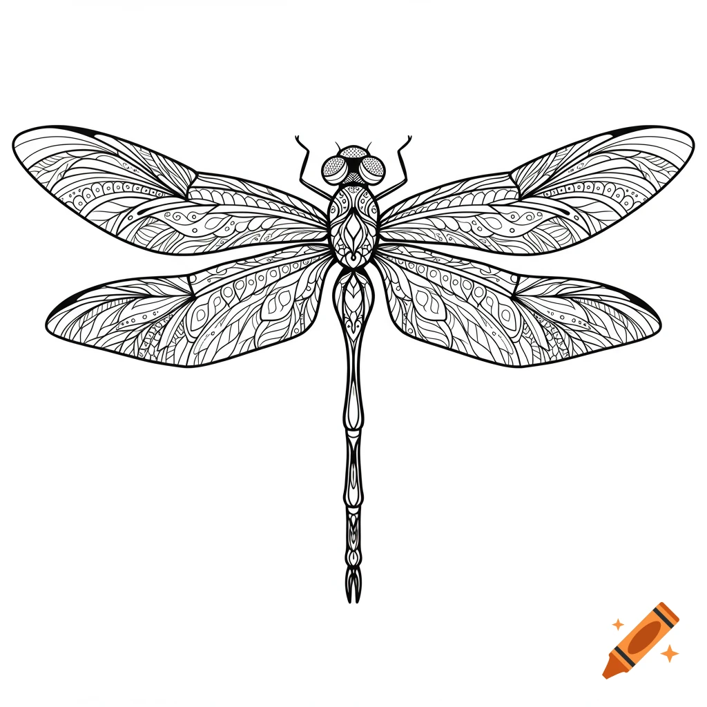 Detailed black ink dragonfly illustration with intricate mandala-style wings on a white background, featuring clean and crisp lines.