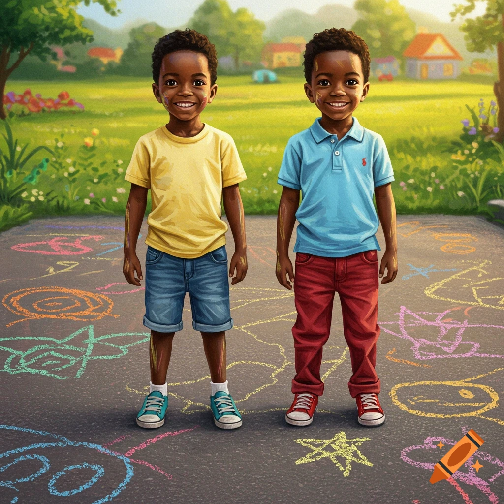 Illustration of two smiling Black boys in a park, standing on pavement covered in colorful chalk drawings.
