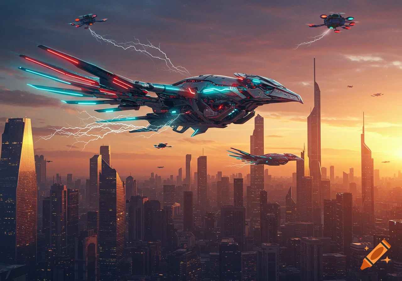 A large, glowing futuristic spaceship flies over a sprawling city skyline at sunset, with smaller drones and electrical streaks.