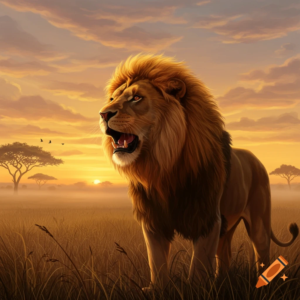A majestic lion with a golden mane roars in a grassy savanna at sunset, with acacia trees and a vibrant orange sky.