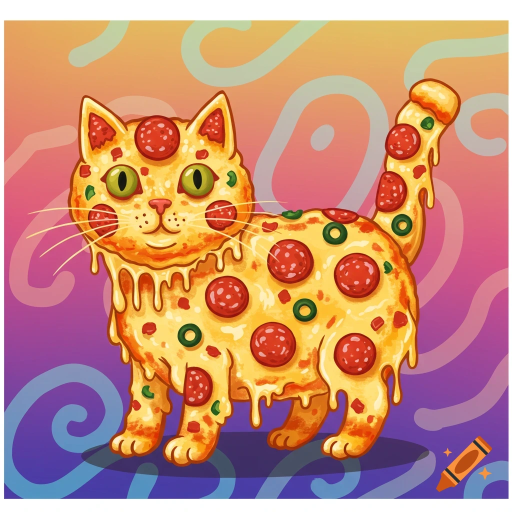 Colorful digital art illustration of a cat made of pizza with pepperoni, olives, and melting cheese on a vibrant background.