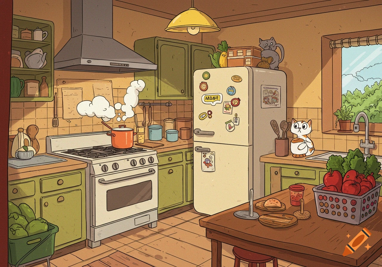 A bright cartoon kitchen with a stove, refrigerator, fruit, and two cats. Comic style.