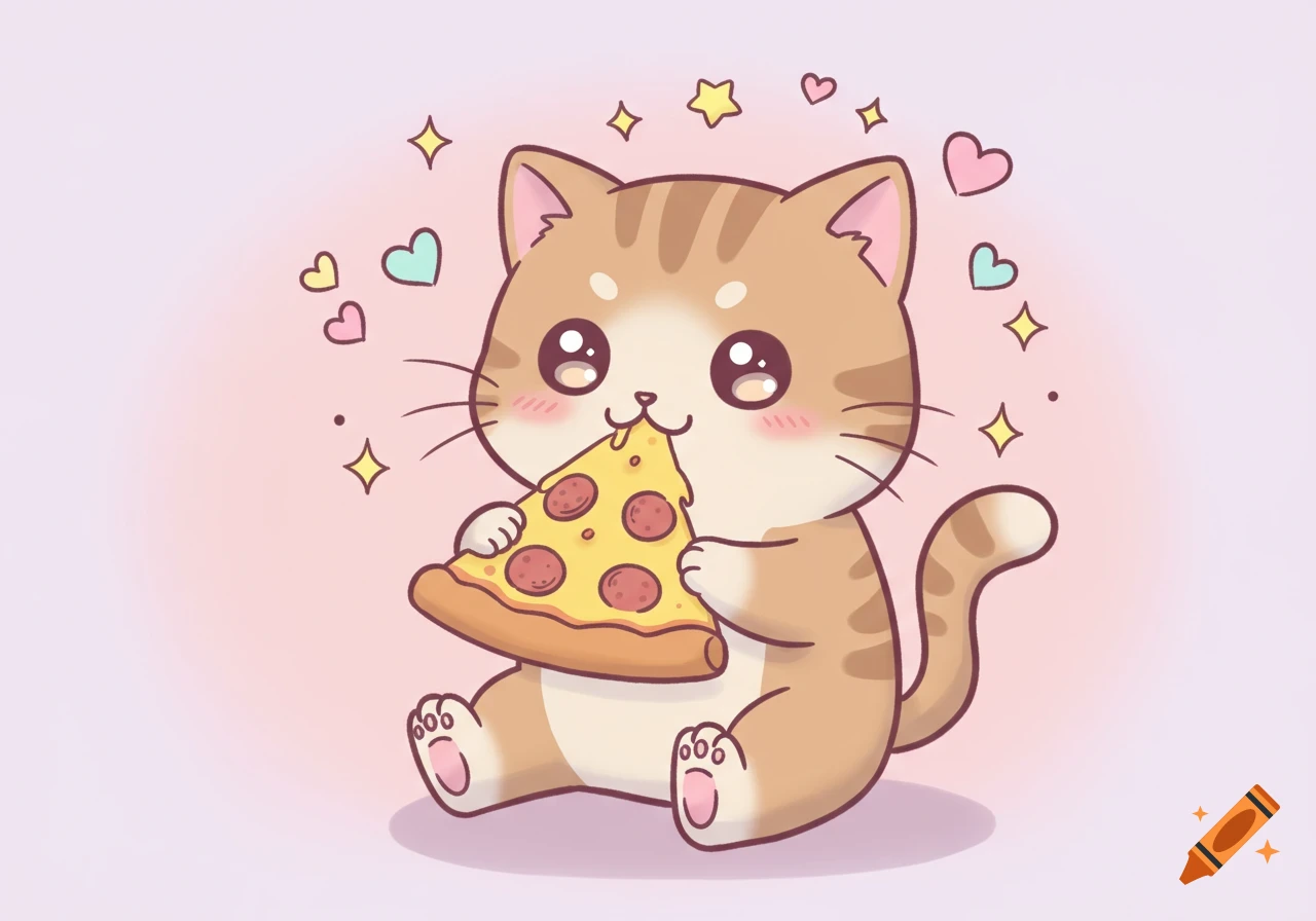 A cute, cartoon cat with big sparkling eyes happily eats a slice of pepperoni pizza, surrounded by hearts and stars on a pastel background.