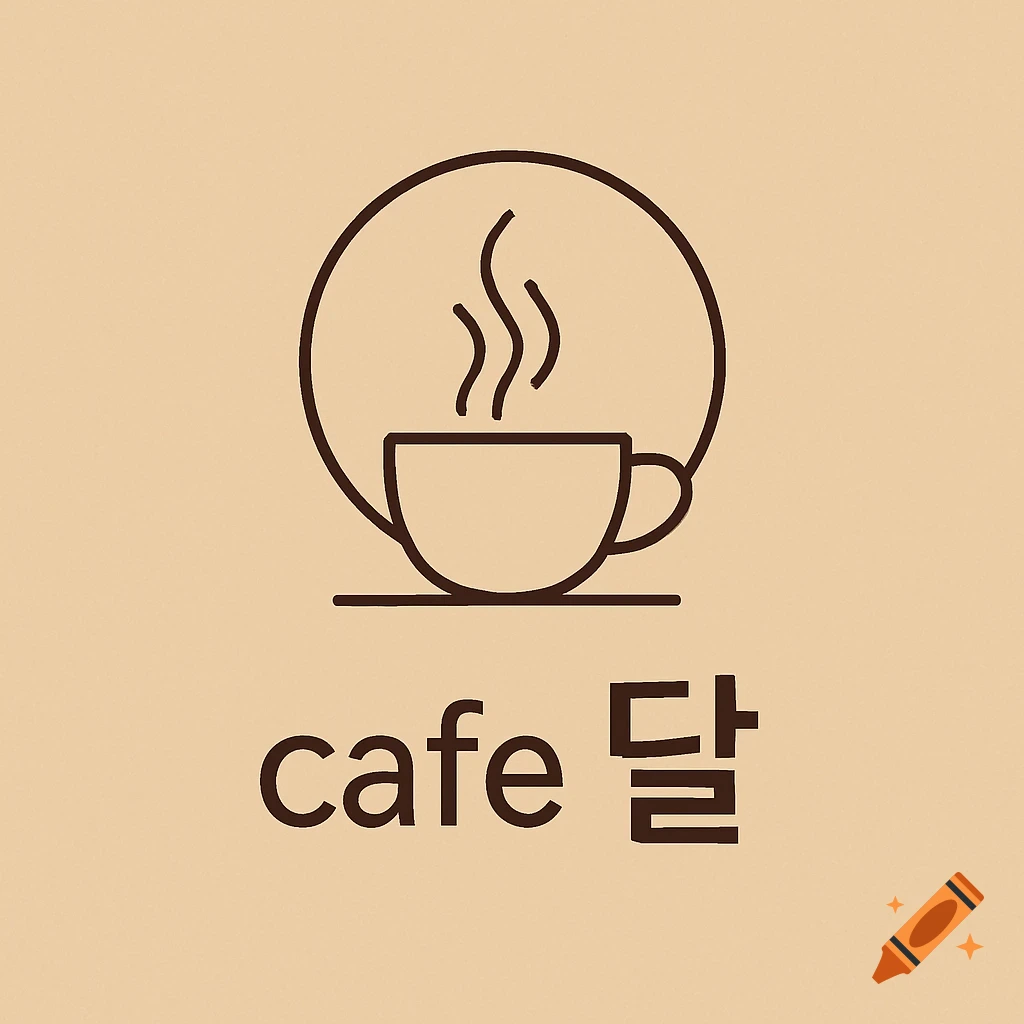 A minimalist cafe logo features a dark brown outline of a steaming coffee cup within a circle, above the text 'cafe 달' on a warm beige background.