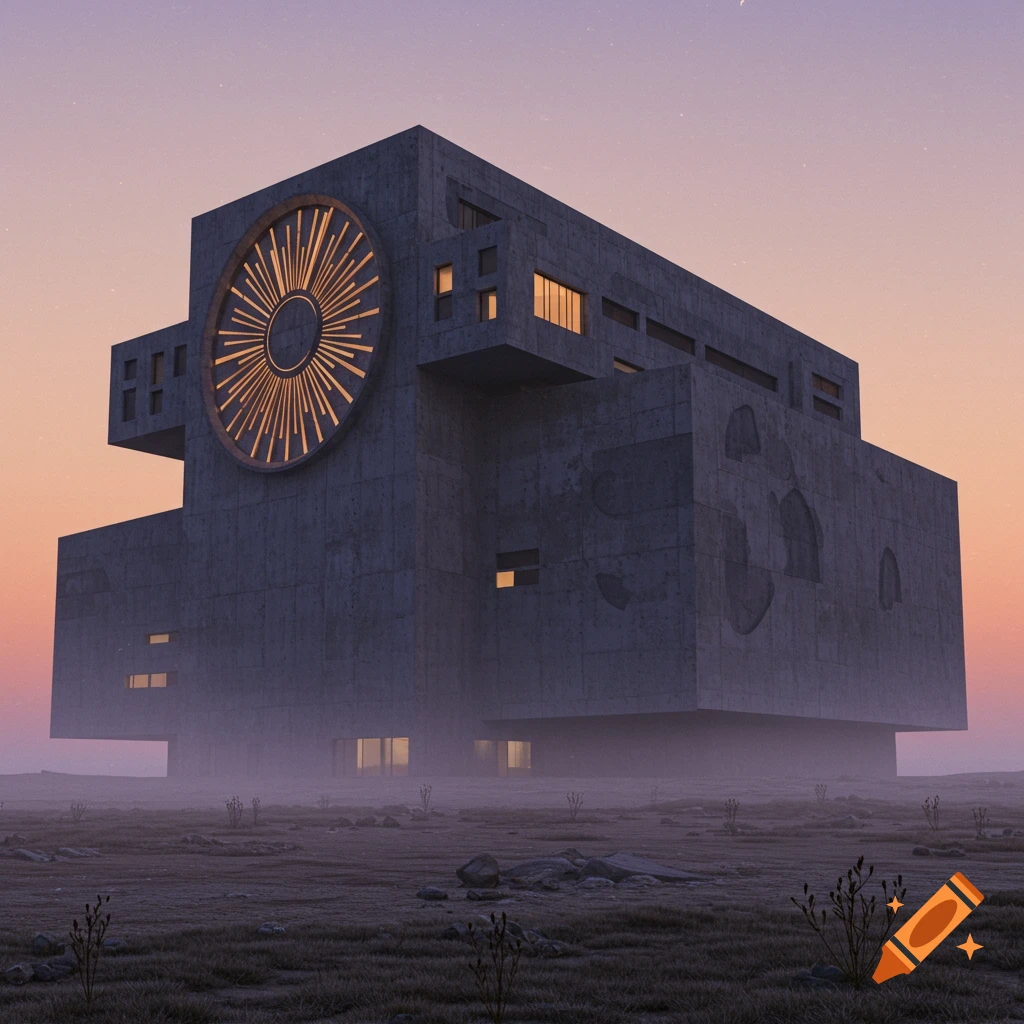 A brutalist concrete building with a large golden sun-like emblem on its facade stands in a barren, misty landscape at twilight.