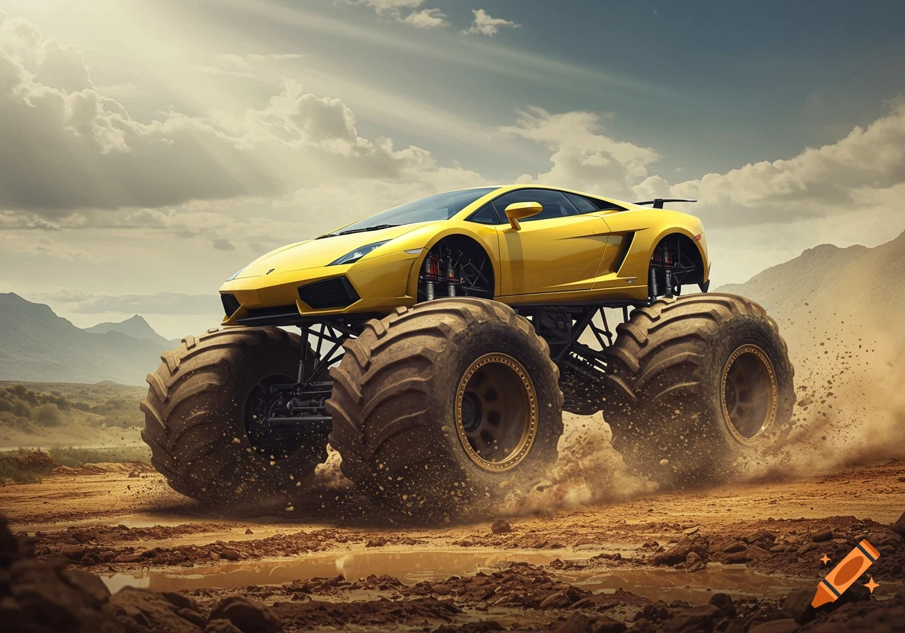 A vibrant yellow Lamborghini sports car body on a monster truck chassis drives through a muddy, dusty desert landscape, kicking up dirt.