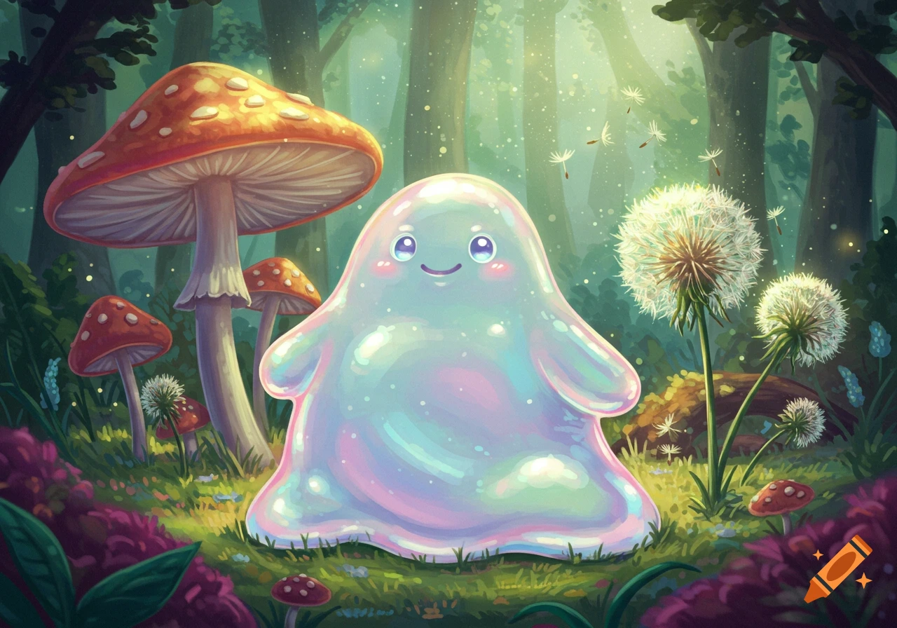 A cute, shimmering, translucent blob creature with big eyes and a smile sits in a magical forest filled with giant mushrooms and dandelions.