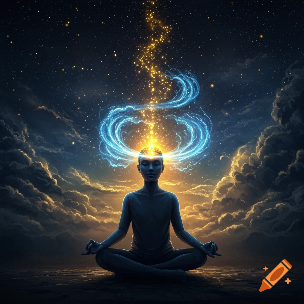 A person meditates under a starry sky, with blue and golden energy swirling around their head and extending into space.