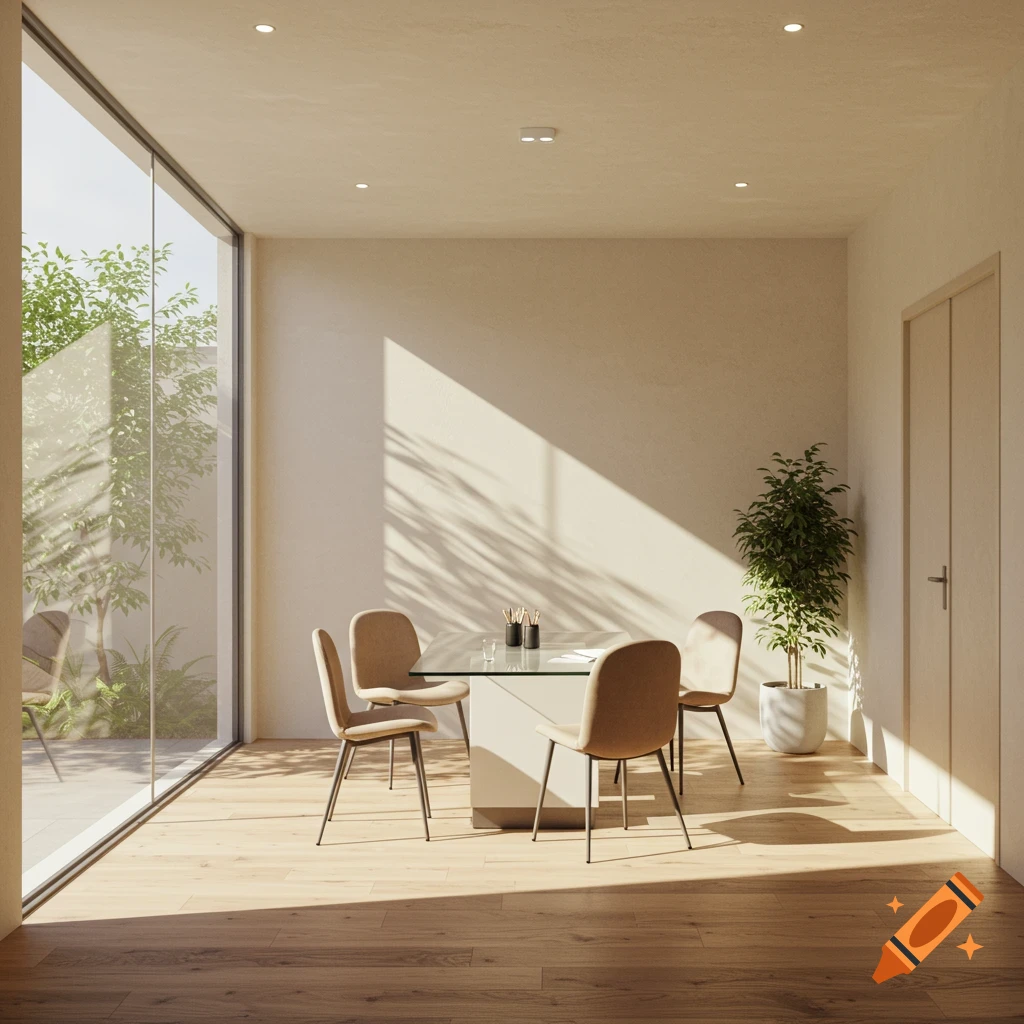 A modern, bright consulting room with a large window, a glass table, four chairs, and a potted plant, bathed in natural sunlight.