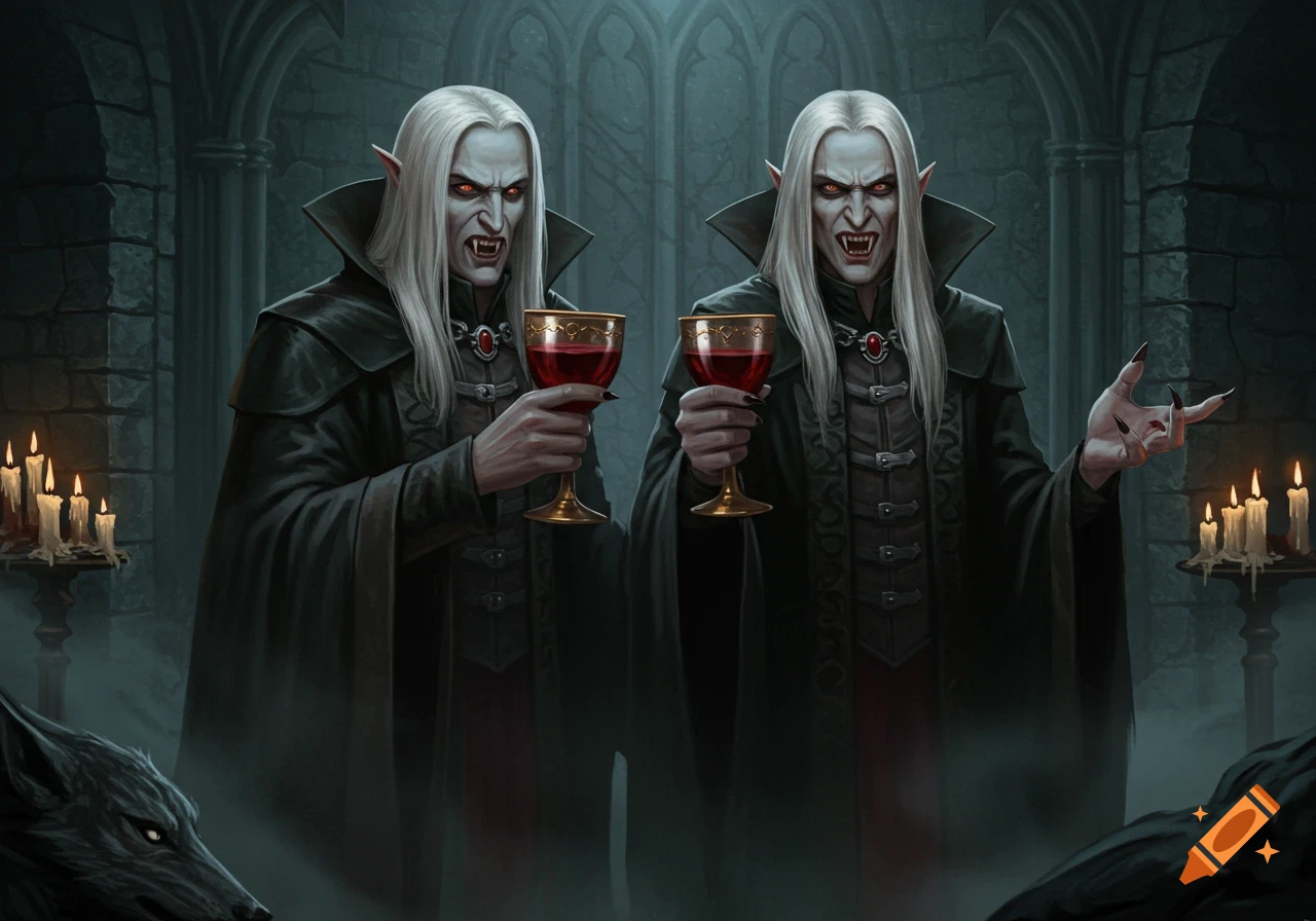 Two pale, long-haired vampires with red eyes and fangs hold chalices of blood in a gothic stone chamber.