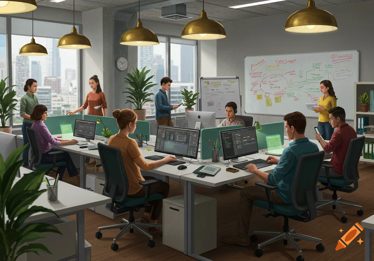 People working in a modern, brightly lit open-plan office with computers and plants.