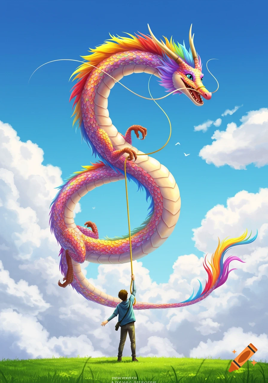 A person holds a long leash attached to a vibrant, smiling rainbow-colored dragon flying high in a blue, cloudy sky over a green field.