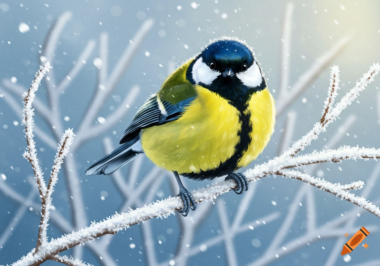 A fluffy great tit perches on a snow-covered branch during a winter snowfall, digital painting.