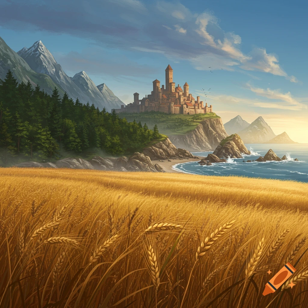 A vibrant fantasy painting of a medieval castle on a cliff overlooking an ocean, with a golden wheat field and mountains under a blue sky.