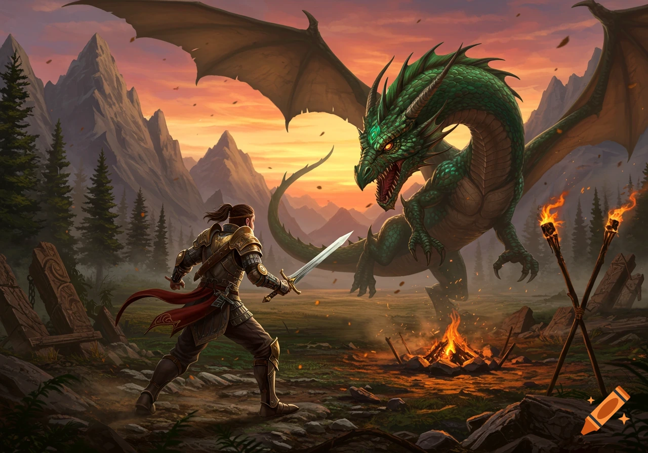 A knight in armor confronts a large green dragon with glowing eyes in a dramatic fantasy landscape at sunset.
