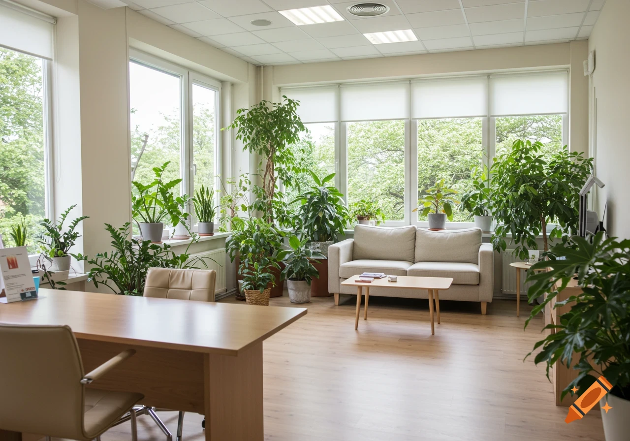 A bright office or consultation room filled with potted plants, featuring a wooden desk and a beige sofa.