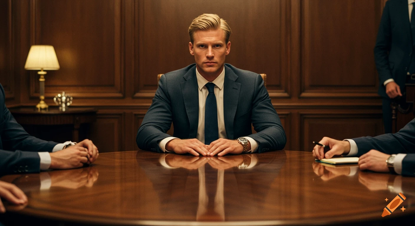 Handsome blonde man in a suit sits at a large oval boardroom table, exuding authority, with blurred figures around him. Photorealistic.