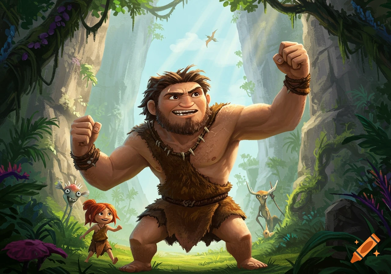 A muscular, bearded caveman named Grug flexes in a vibrant jungle, alongside a small red-haired girl and whimsical creatures.