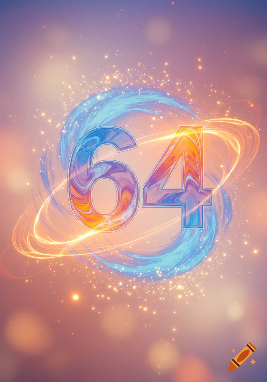 A vibrant, abstract illustration of the number 64, surrounded by glowing blue and orange light swirls and sparkling particles.