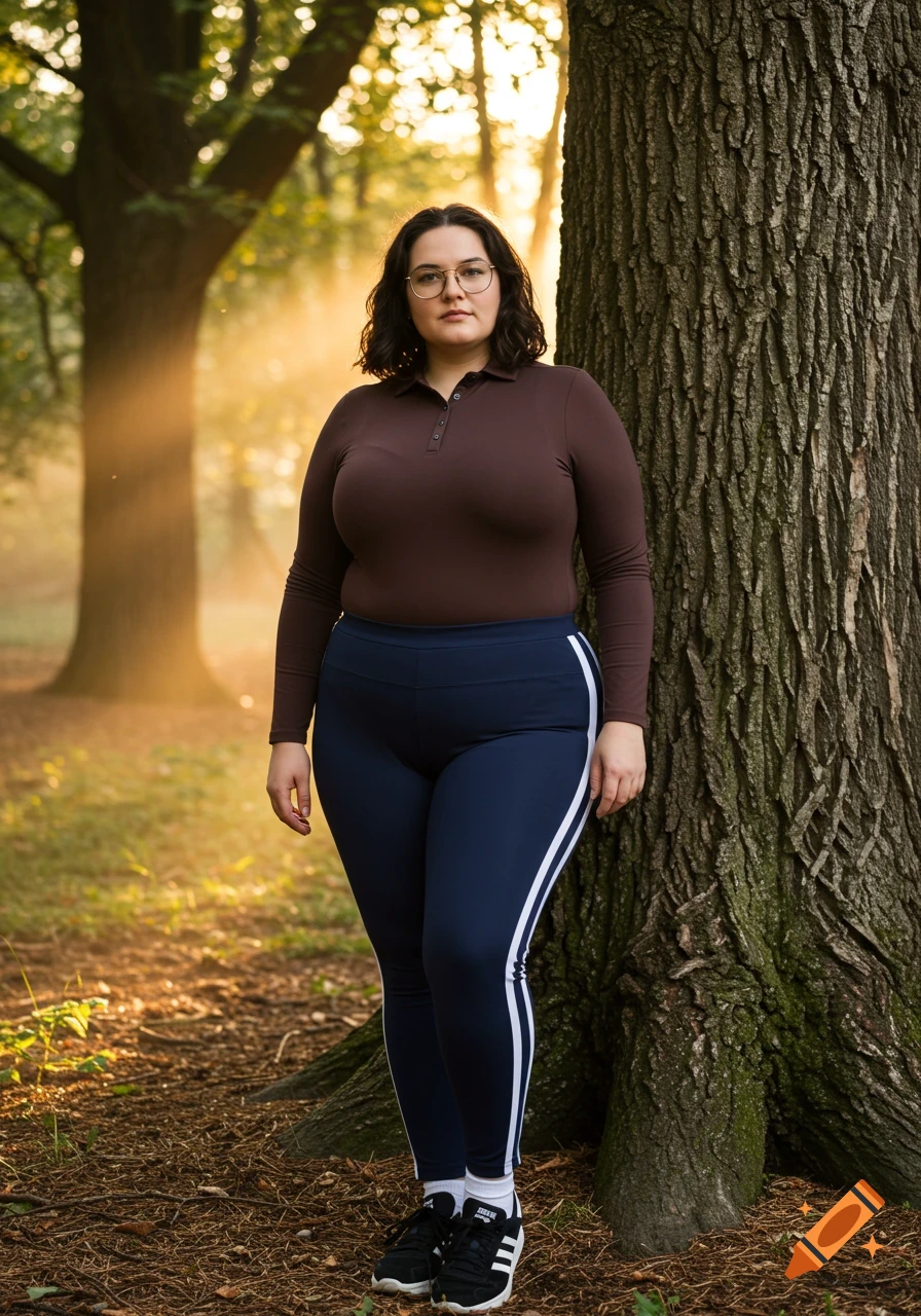 A woman with dark hair and glasses wears a brown long-sleeve polo shirt and blue leggings with white stripes, standing by a tree in a sunlit forest.