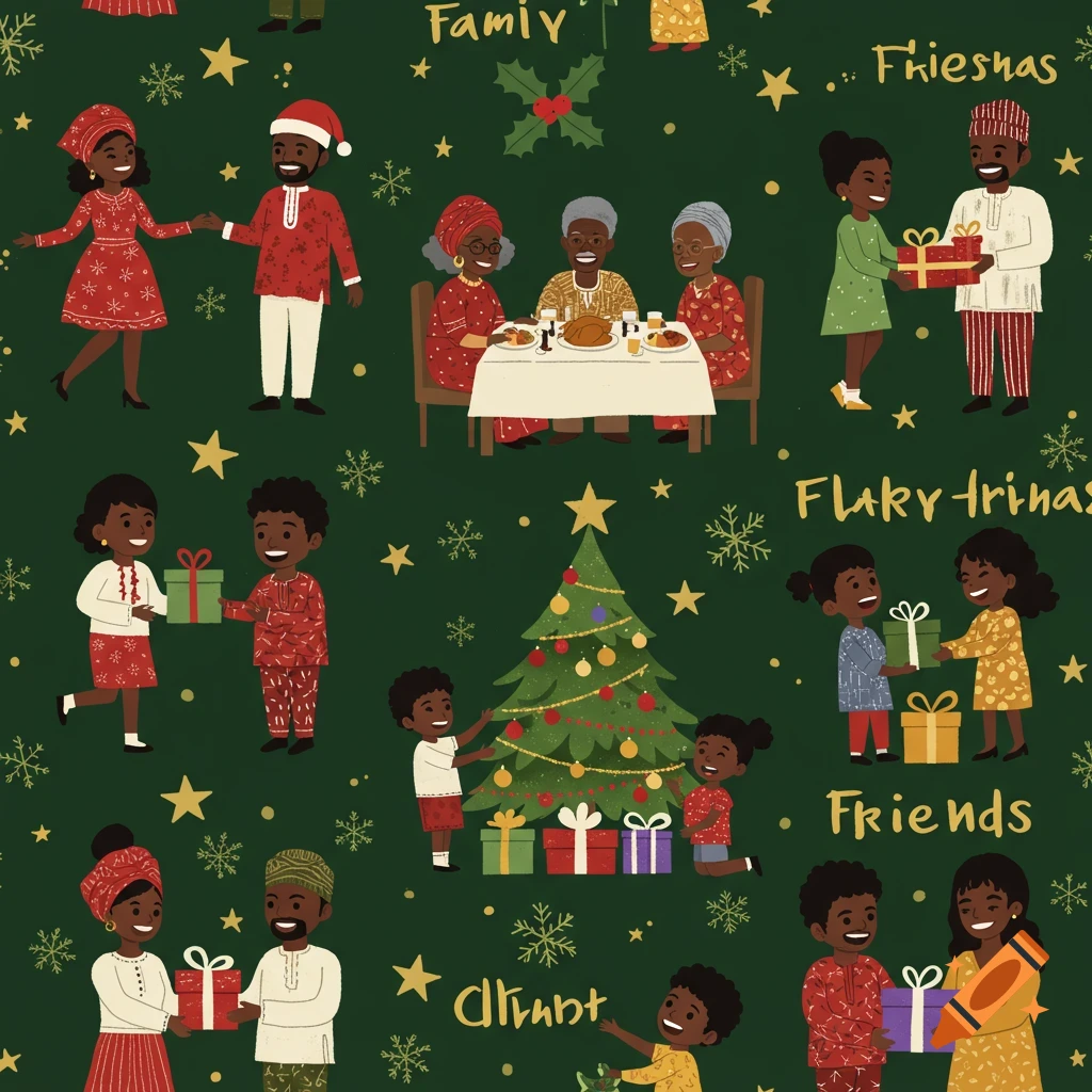 Cartoon seamless pattern of African families celebrating Christmas, exchanging gifts, dining, and decorating a tree on a deep green background.