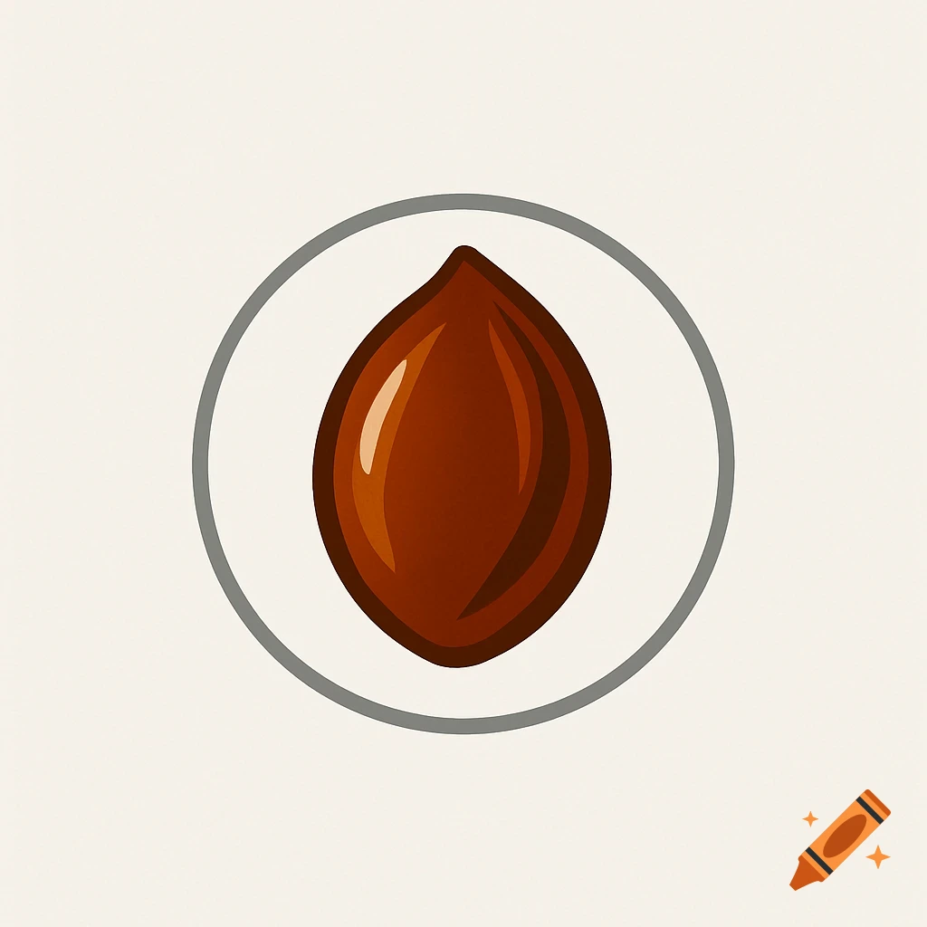 A brown fruit stone with highlights inside a gray circle on a light background.