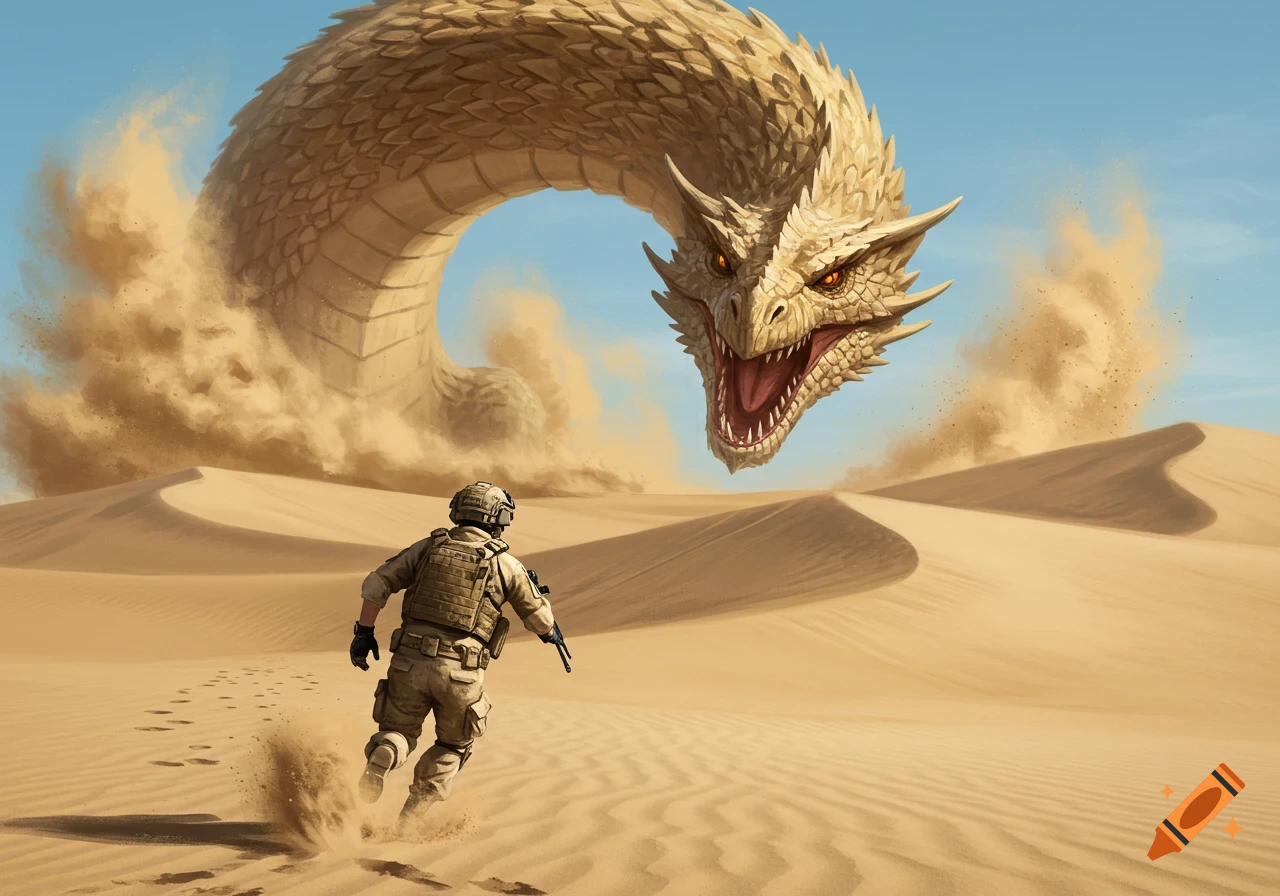 A soldier runs from a massive sand dragon emerging from dunes in a desert, photorealistic style.