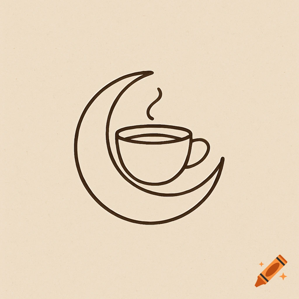 Minimalist line art logo featuring a crescent moon cradling a steaming coffee cup on a warm beige background.