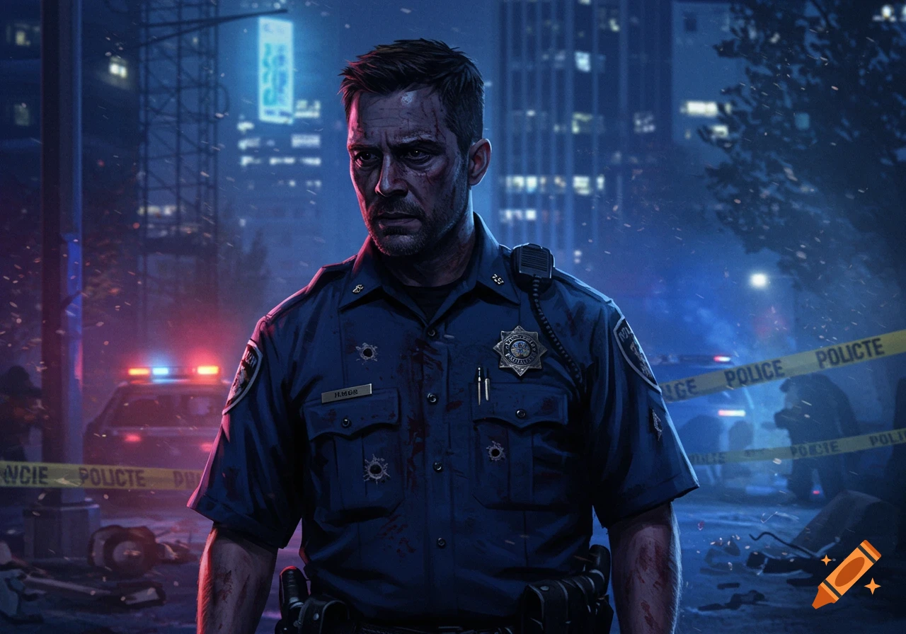 A gritty police officer with blood and bullet holes on his uniform stands in a dark, chaotic urban scene with flashing police car lights and yellow police tape.