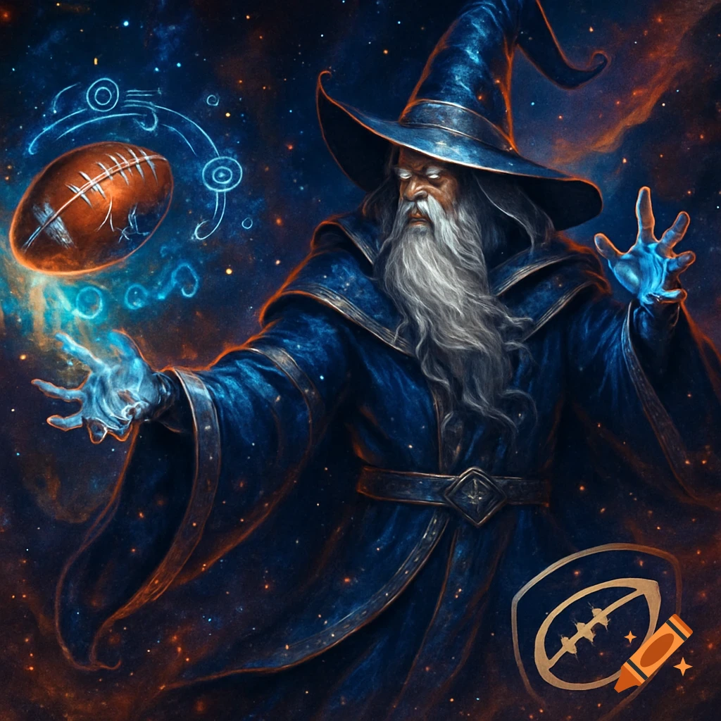 A wizard in a blue robe with a long white beard conjures an American football in a cosmic, star-filled space. Digital art.