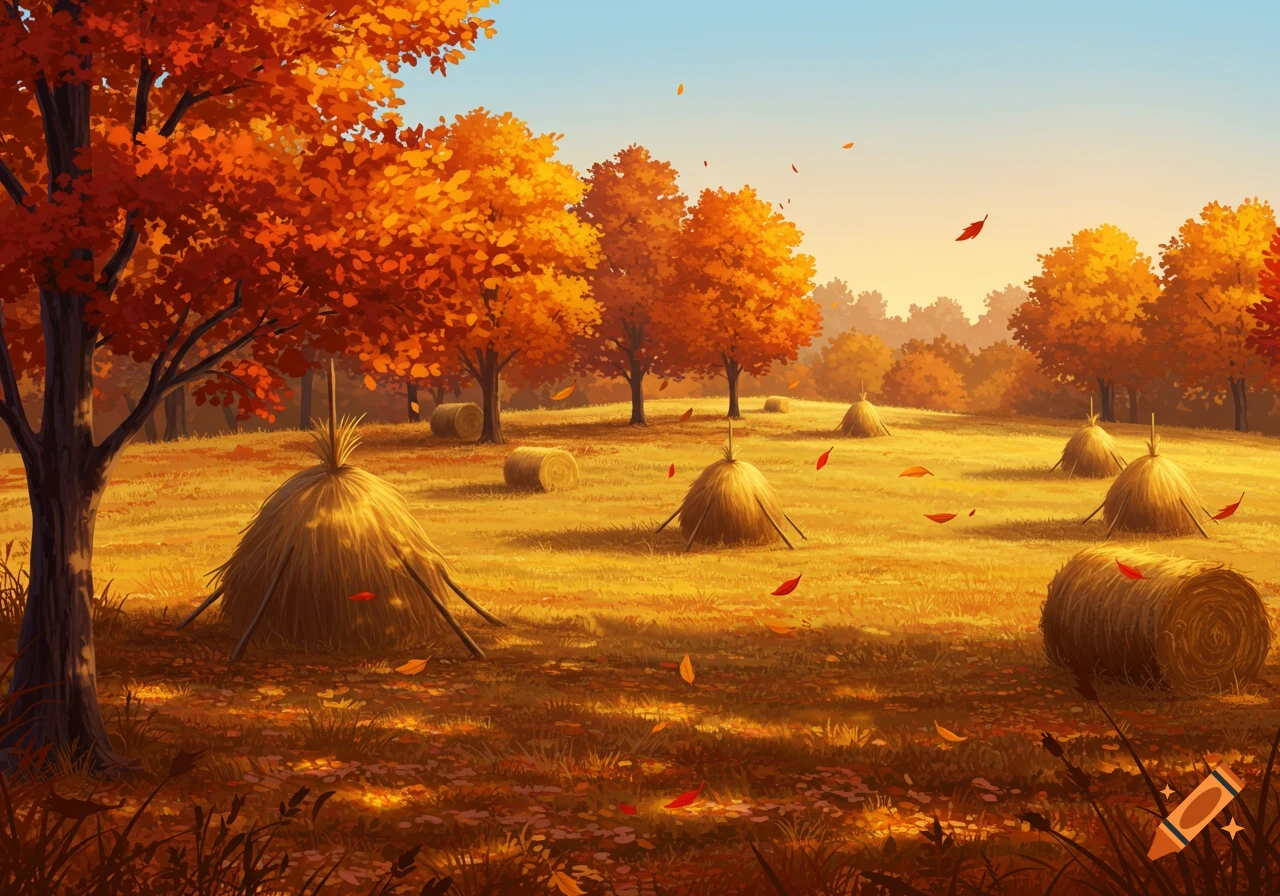 Vibrant painterly autumn landscape with golden fields, colorful trees, and numerous haystacks under a bright sky.