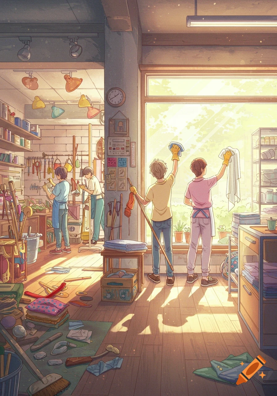 Four people clean a sunny craft store with shelves and tools. Two wipe windows while others tidy, one side messy, the other clean.
