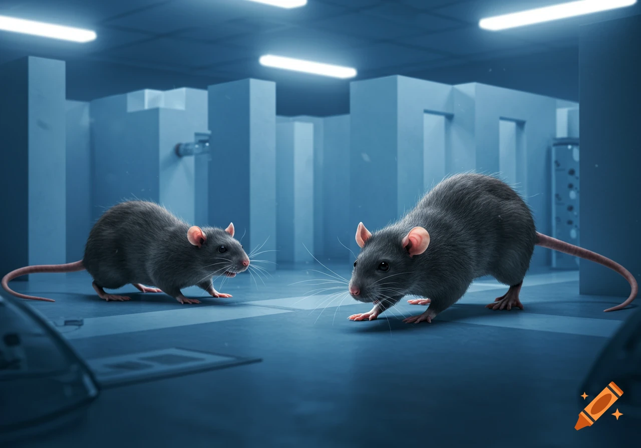 Two grey rats with pink ears face each other in a sterile, blue-toned maze-like laboratory setting under fluorescent lights.