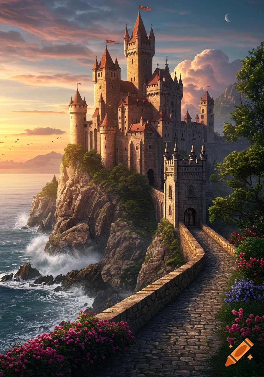 A majestic fantasy castle on a dramatic cliff overlooks a stormy sea at sunset, with a winding stone path and colorful flowers.