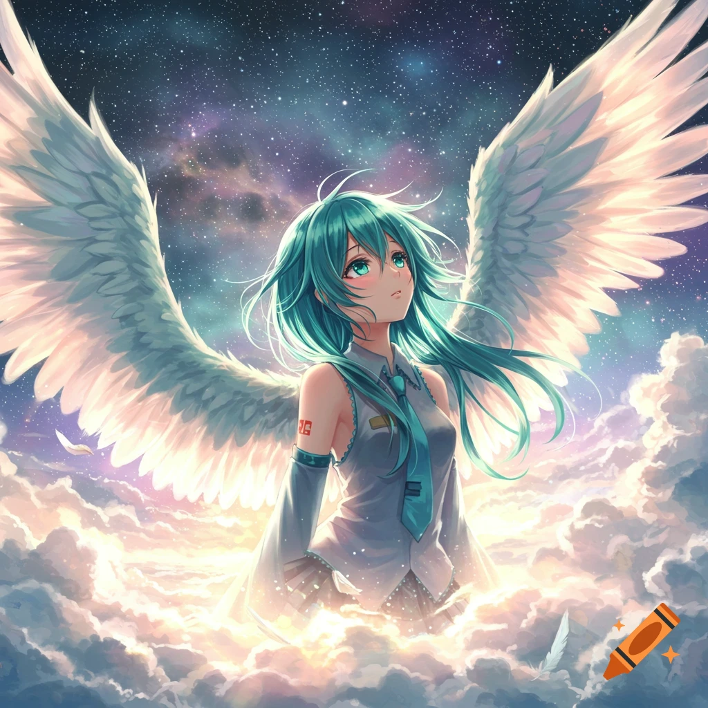 Anime girl with teal hair and large white angel wings floating in luminous clouds under a starry night sky.