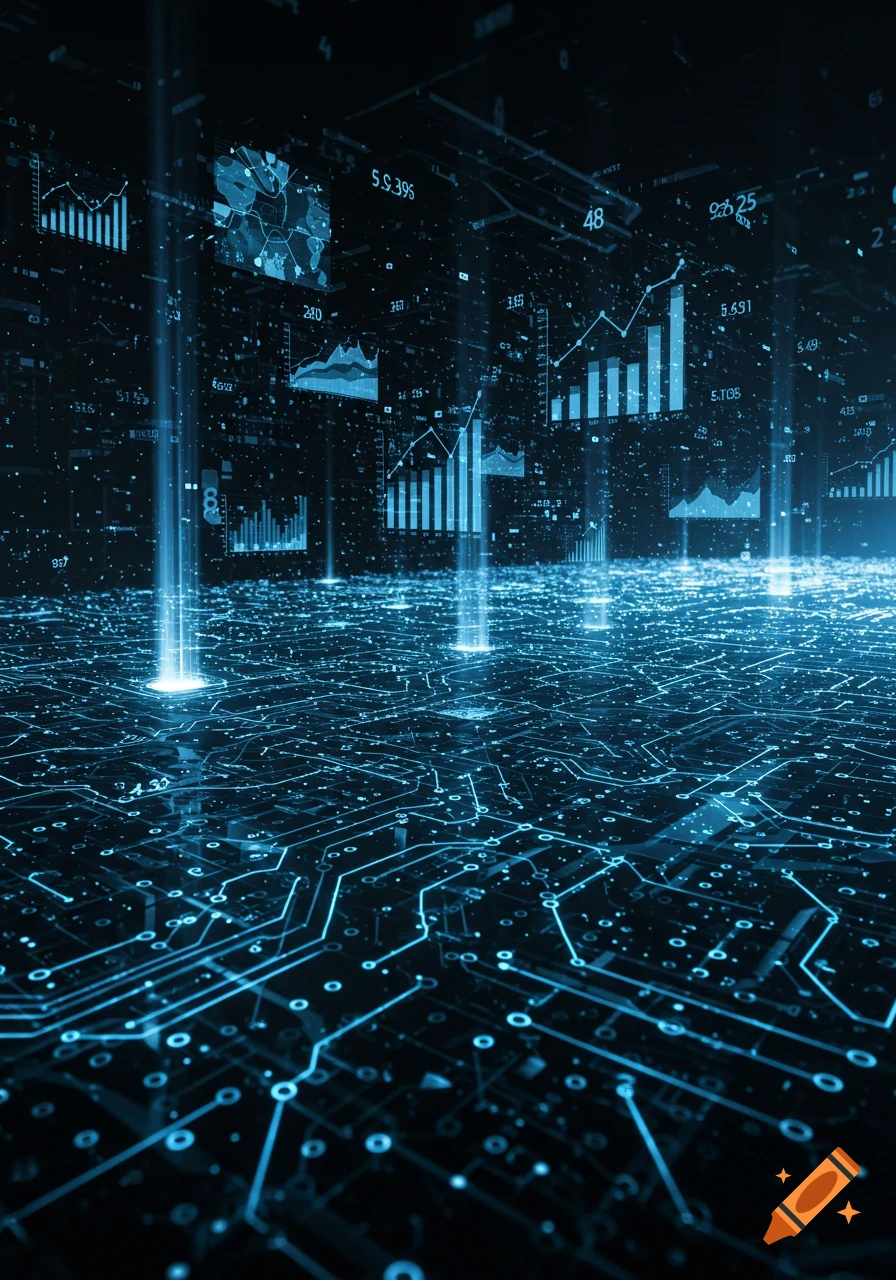 A dark, glowing blue digital circuit board with numerous data graphs, charts, and numerical displays floating above it, representing data infrastructure and analytics.