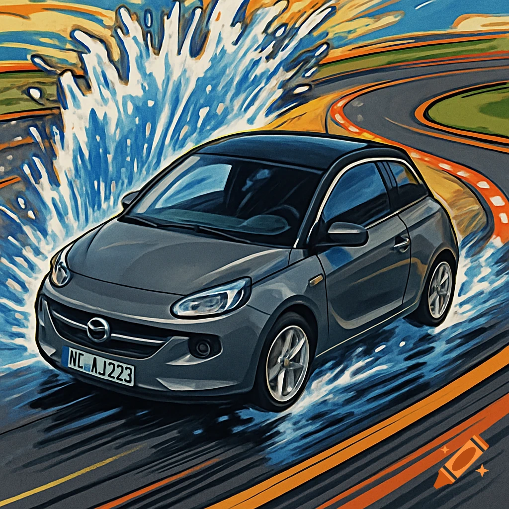 A grey Opel Adam car with a black roof splashes through a water wall on a race track, in a dynamic comic art style.