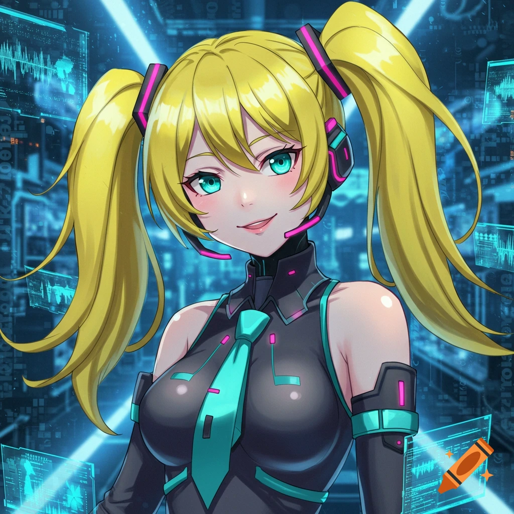 An anime girl with bright yellow pigtails, teal eyes, and a confident smile, wearing a black and teal futuristic outfit with a tie and headphones, set against a glowing blue digital background with data screens.