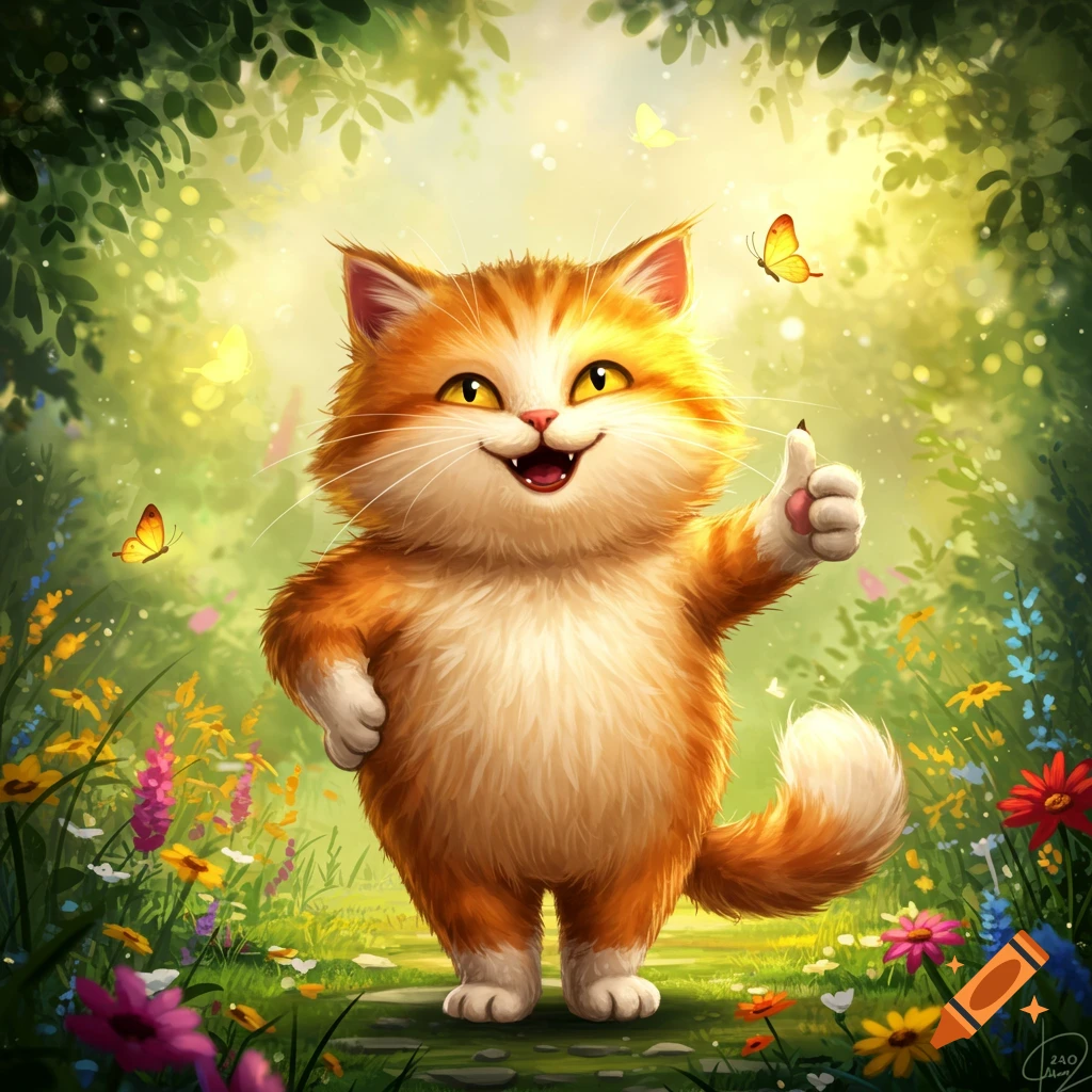 A cute, fluffy orange and white cartoon cat smiles broadly, giving a thumbs-up in a vibrant, sun-dappled forest with butterflies and wildflowers.