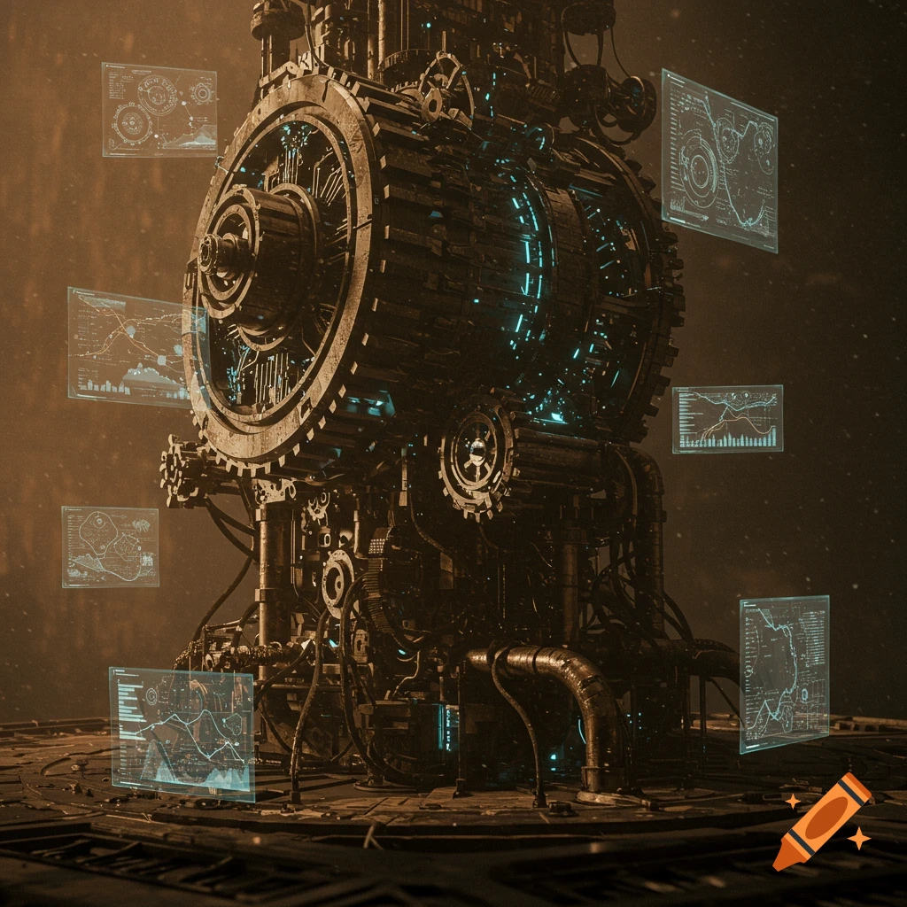 An intricate, dark metal steampunk machine with glowing blue lights and floating holographic screens displaying data.